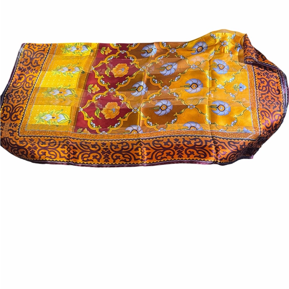 Valentino Garavani Golden Yellow & Maroon Floral Silk Scarf